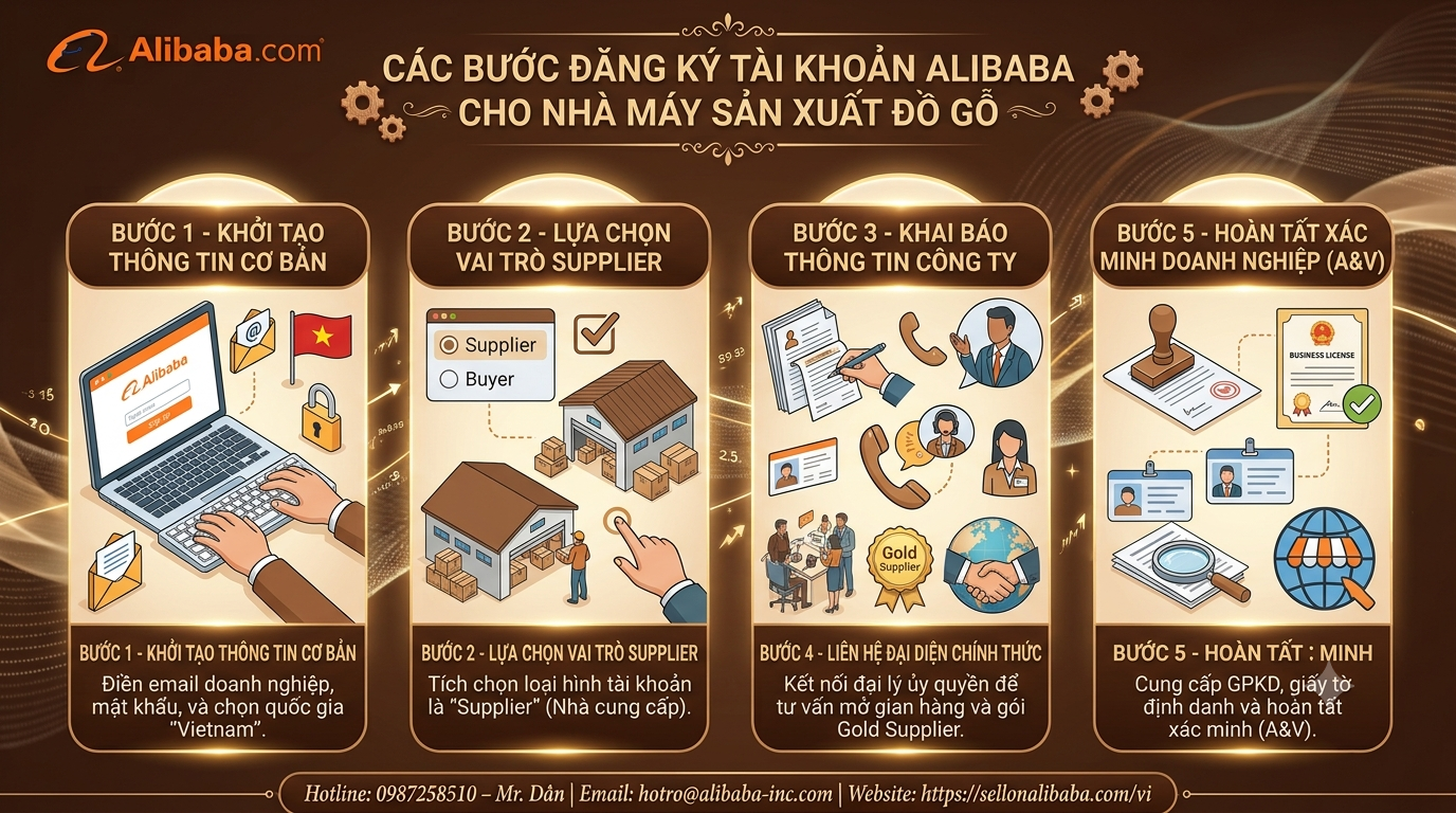 Lộ trình chi tiết từ đăng ký tài khoản Gold Supplier, dự toán chi phí, chiến lược tối ưu bài đăng (từ khóa, FSC, hình ảnh nhà xưởng) đến kỹ năng đàm phán chốt đơn container an toàn.