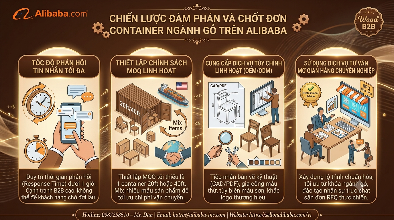 Lộ trình chi tiết từ đăng ký tài khoản Gold Supplier, dự toán chi phí, chiến lược tối ưu bài đăng (từ khóa, FSC, hình ảnh nhà xưởng) đến kỹ năng đàm phán chốt đơn container an toàn.