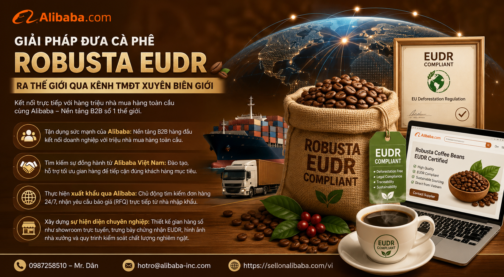 EUDR standard Robusta coffee export roadmap, 100% traceability and effective solution for breaking through global orders through Alibaba Vietnam.