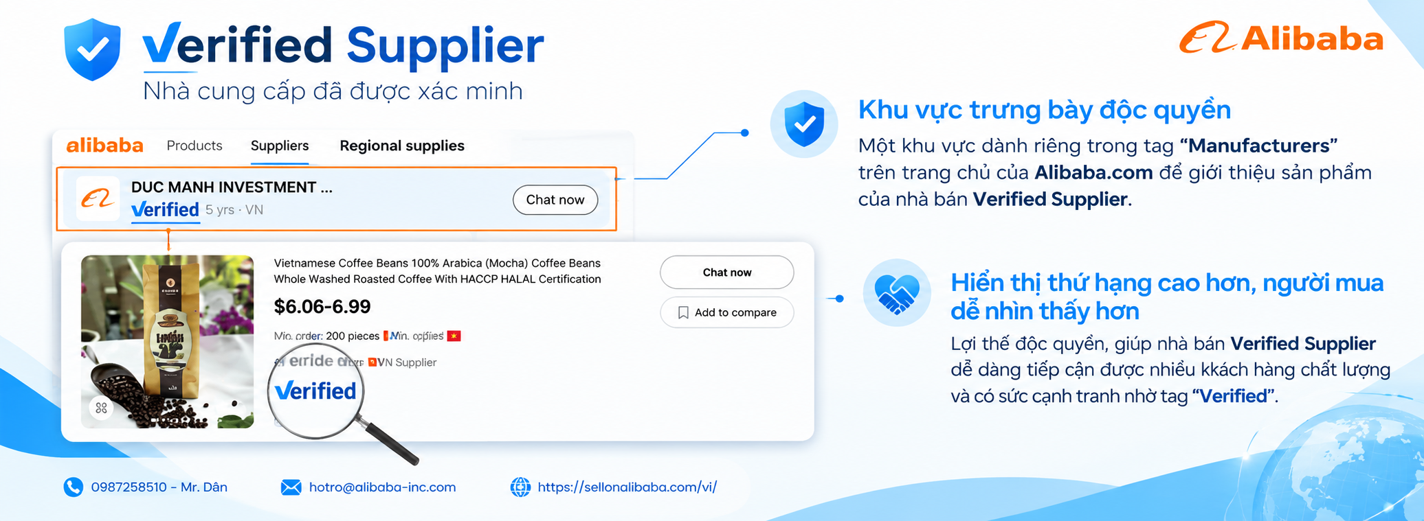 Tổng hợp các hỗ trợ của Alibaba.com: Minisite, RFQ, công cụ AI, OKKI CRM, Verified Supplier, Trade Assurance và quy trình giao dịch an toàn cho nhà bán Việt. 