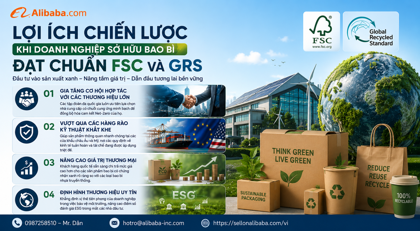 Friendly packaging solutions according to FSC and GRS standards. Optimizing carbon footprint and effective green packaging export strategy through Alibaba for Vietnamese businesses.
