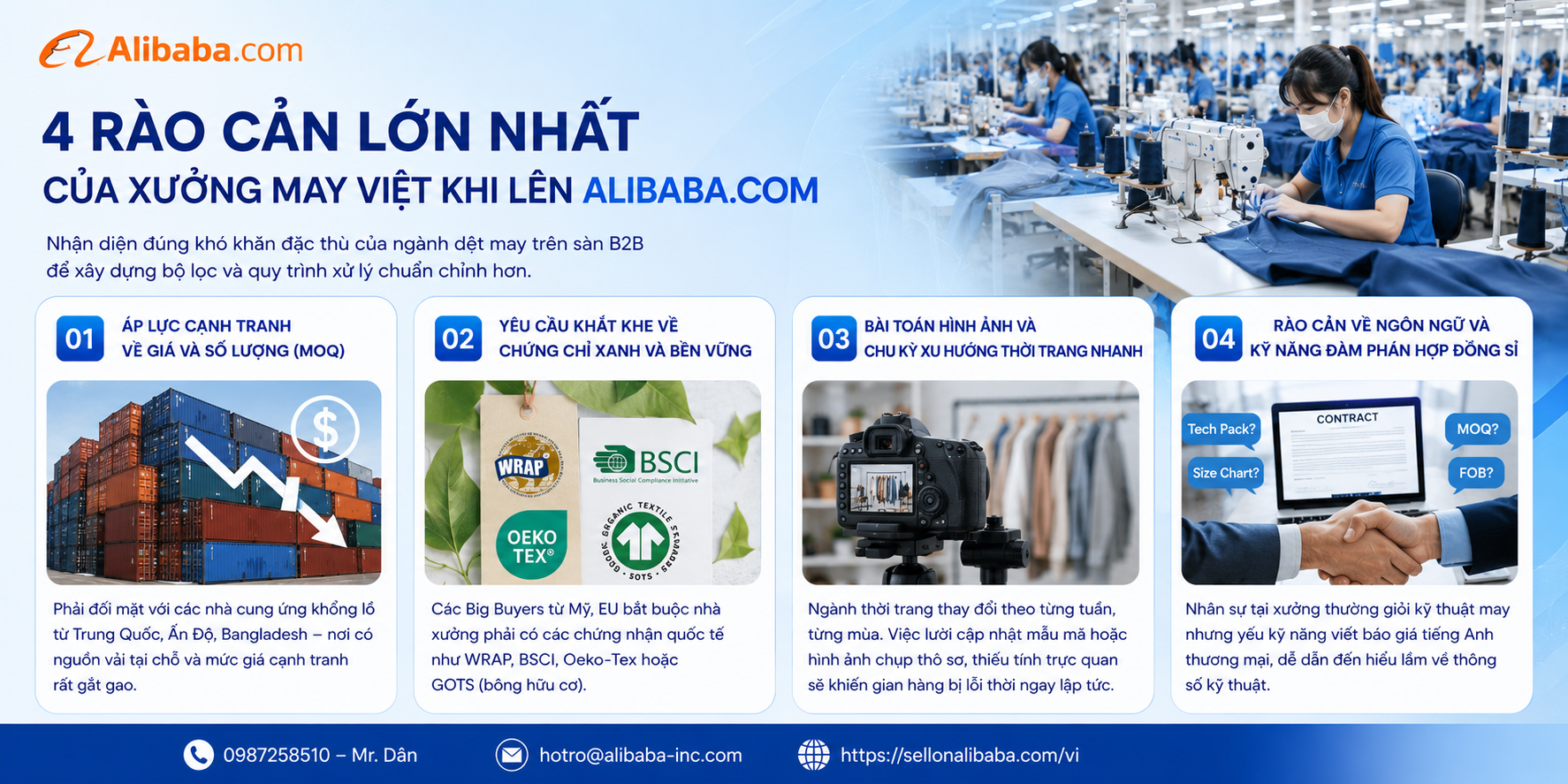 Tổng hợp kinh nghiệm bán hàng trên Alibaba cho các xưởng may mặc Việt Nam giúp tối ưu từ khóa B2B, săn RFQ lớn và phòng tránh rủi ro giam vốn an toàn, hiệu quả.