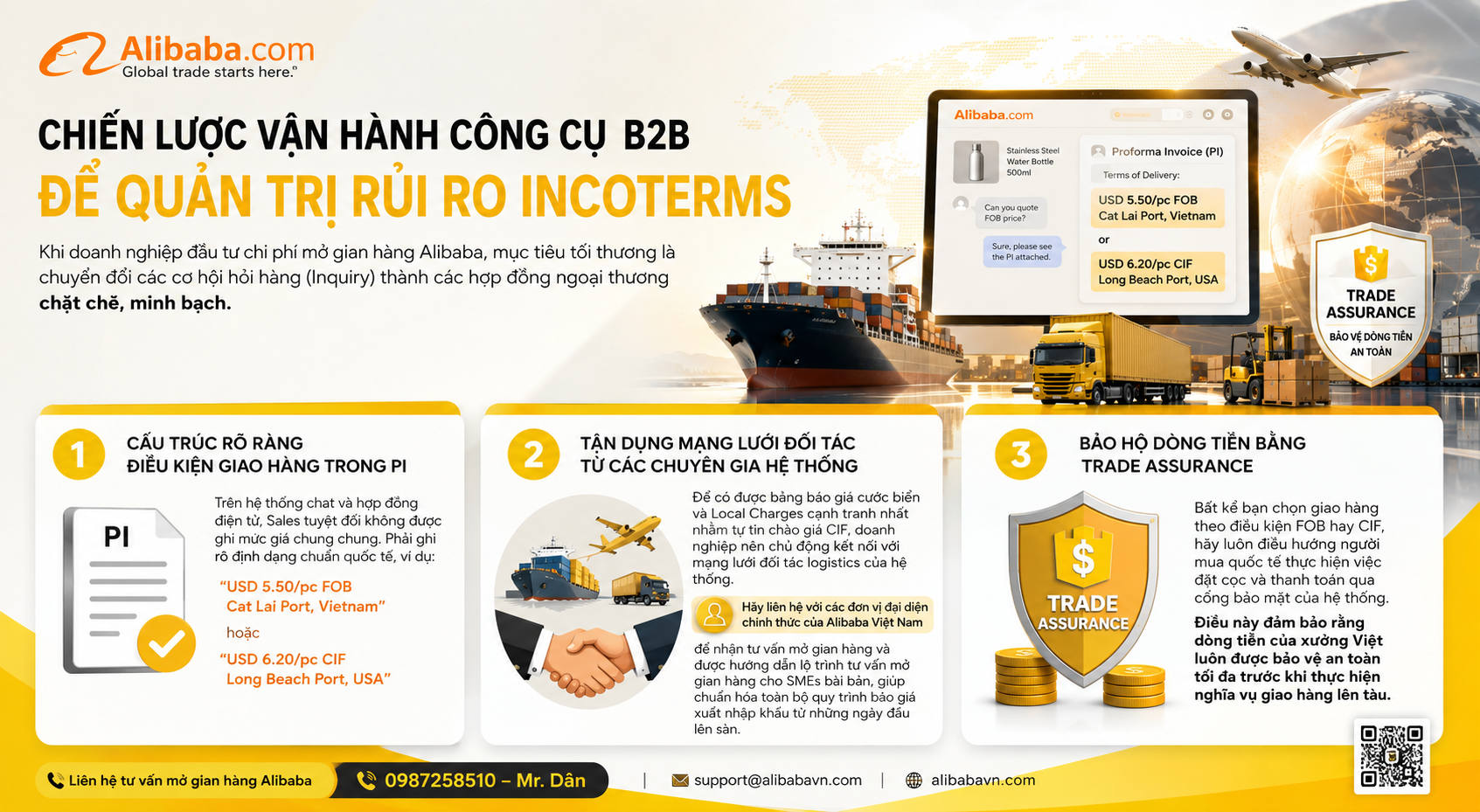 Phân biệt bản chất FOB và CIF, bóc tách các điểm chuyển giao rủi ro và rà soát bẫy chi phí phát sinh giúp người bán bảo vệ dòng tiền khi xuất khẩu qua Alibaba.