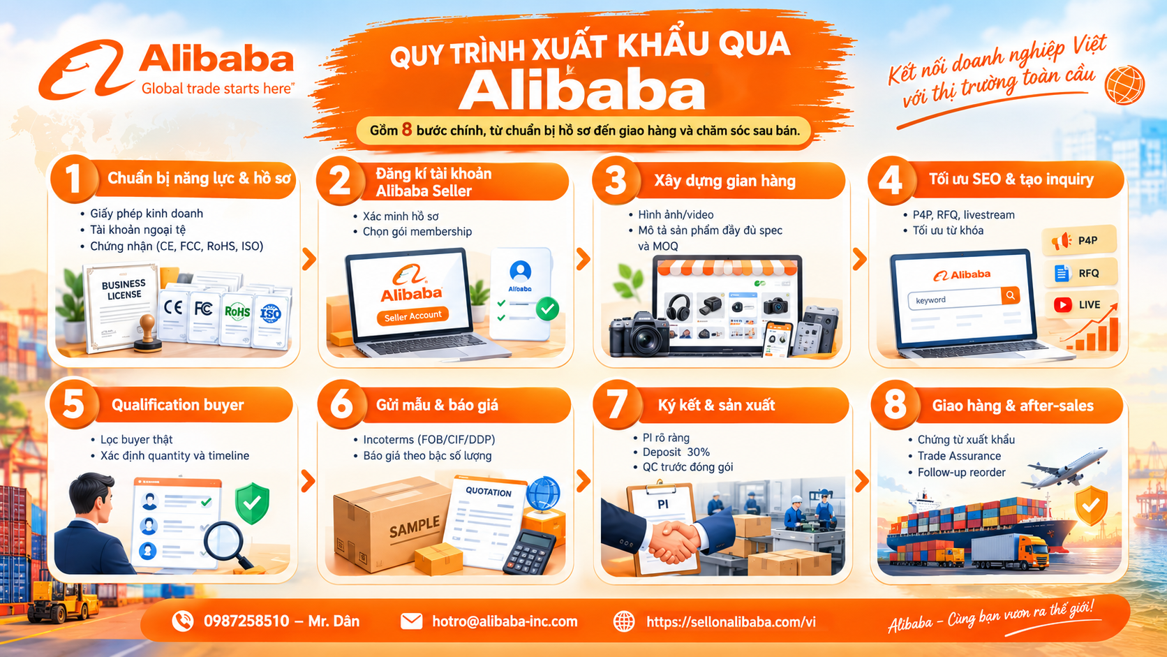 Hướng dẫn quy trình xuất khẩu qua Alibaba mới nhất gồm 8 bước: mở gian hàng, đăng kí tài khoản, tạo inquiry, giao hàng và thanh toán. Cập nhật 2026.